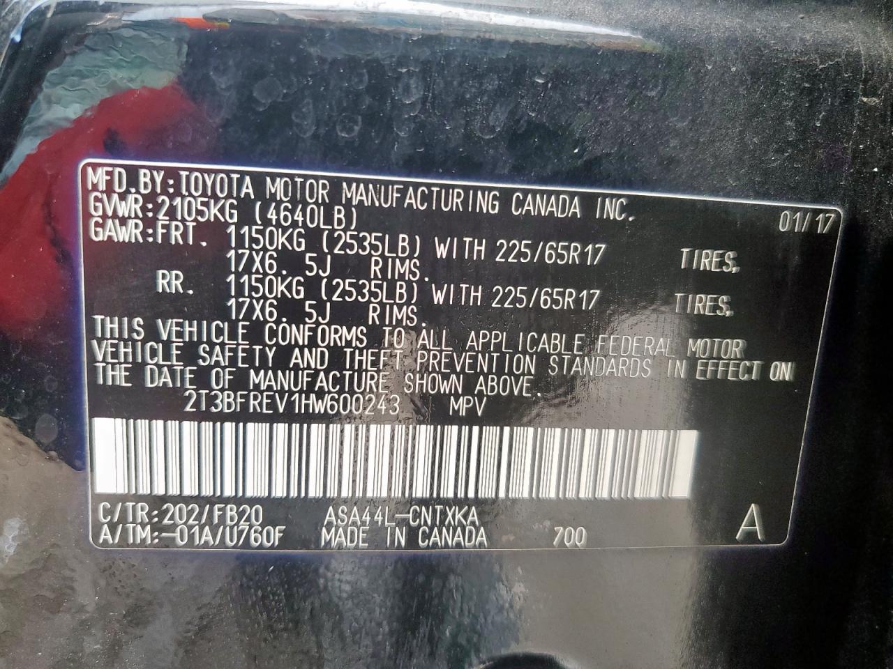 2017 Toyota Rav4 Le VIN: 2T3BFREV1HW600243 Lot: 68870205