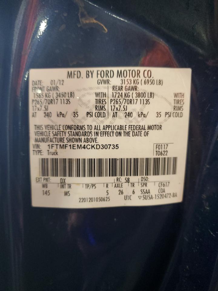 2012 Ford F150 VIN: 1FTMF1EM4CKD30735 Lot: 70954145