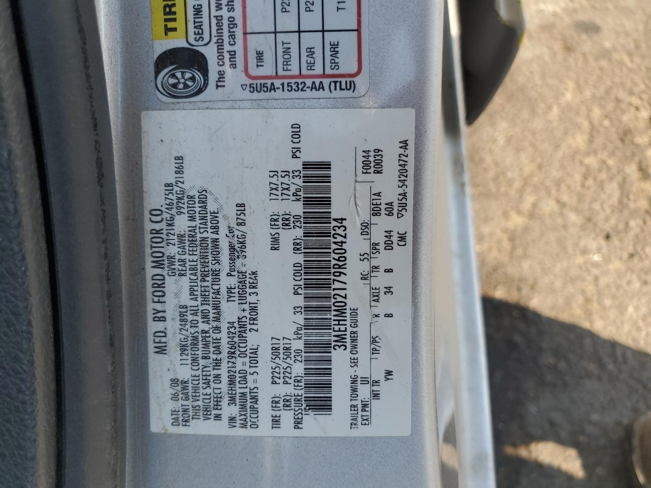 2009 Mercury Milan Premier VIN: 3MEHM02179R604234 Lot: 70782885