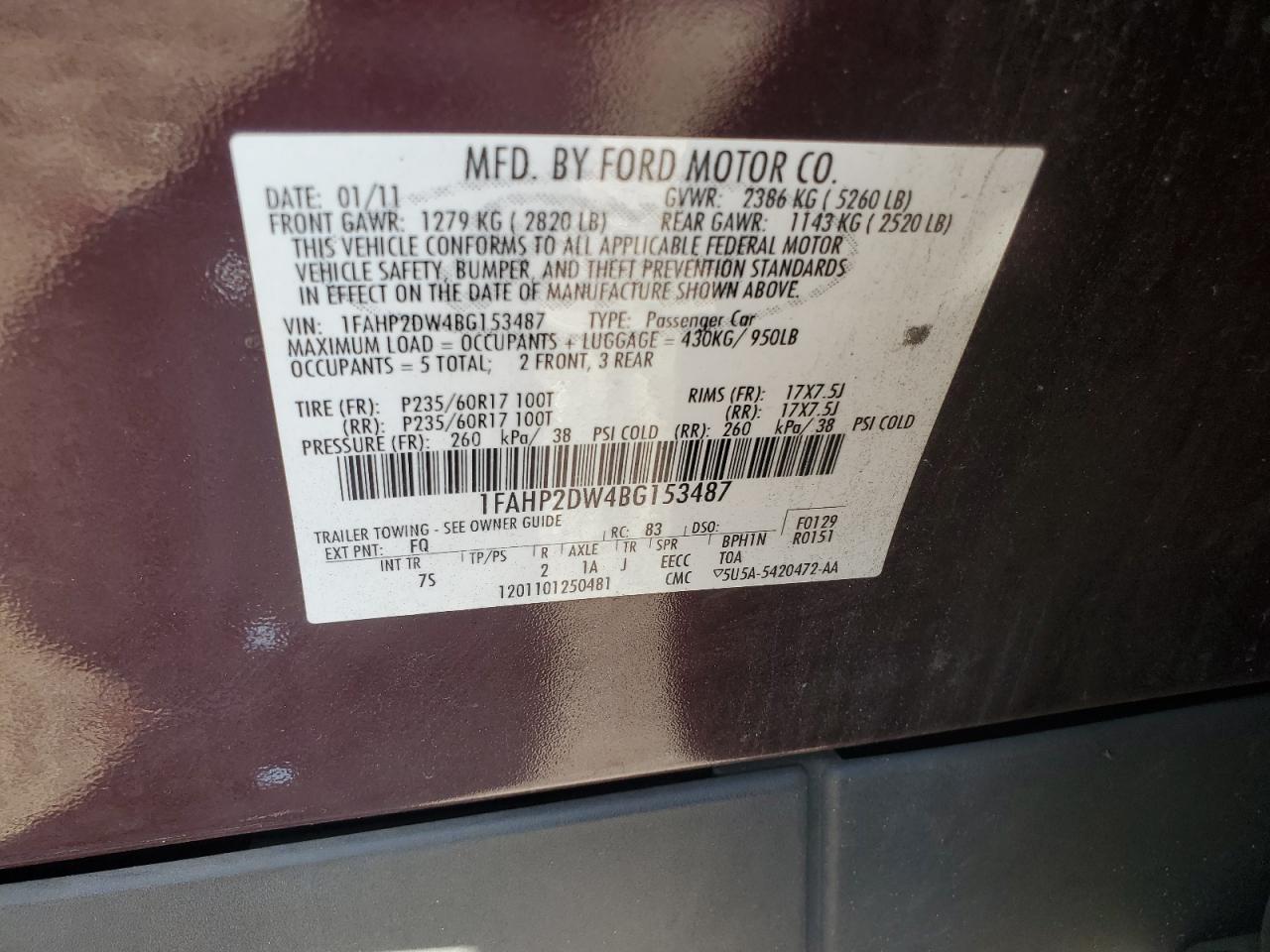 2011 Ford Taurus Se VIN: 1FAHP2DW4BG153487 Lot: 70642065