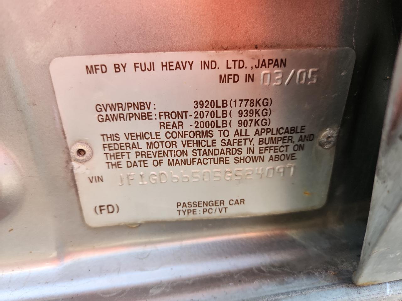 2005 Subaru Impreza Rs Pro VIN: JF1GD66505G524097 Lot: 70161895