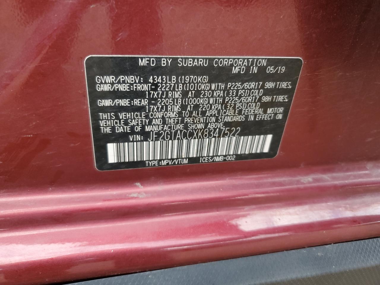 2019 Subaru Crosstrek Premium VIN: JF2GTACCXK8347522 Lot: 68204705