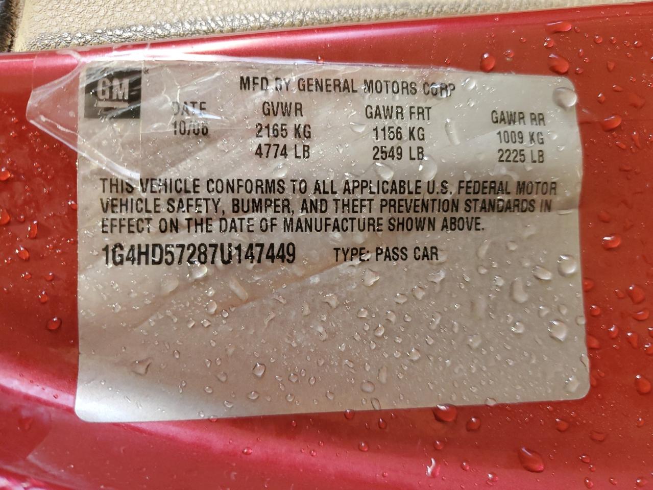 2007 Buick Lucerne Cxl VIN: 1G4HD57287U147449 Lot: 70640625