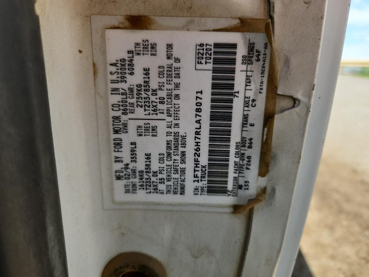 1994 Ford F250 VIN: 1FTHF26H7RLA78071 Lot: 67960475