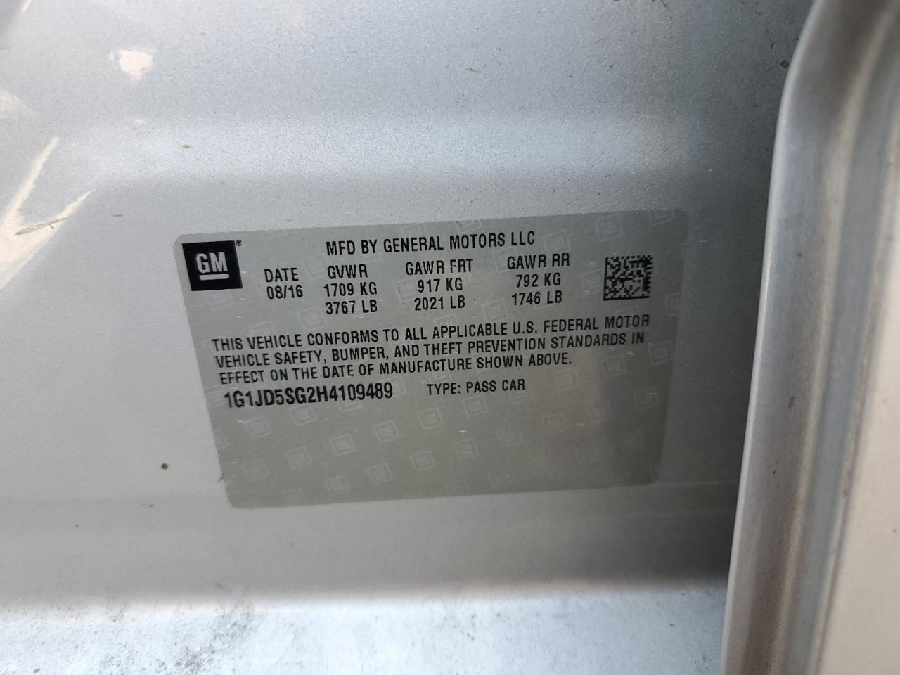 2017 Chevrolet Sonic Lt VIN: 1G1JD5SG2H4109489 Lot: 68268505