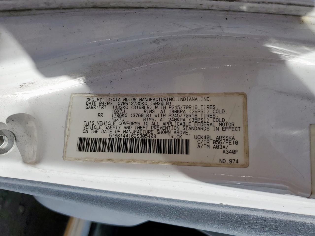 2002 Toyota Tundra Access Cab VIN: 5TBBT44162S305408 Lot: 69466555