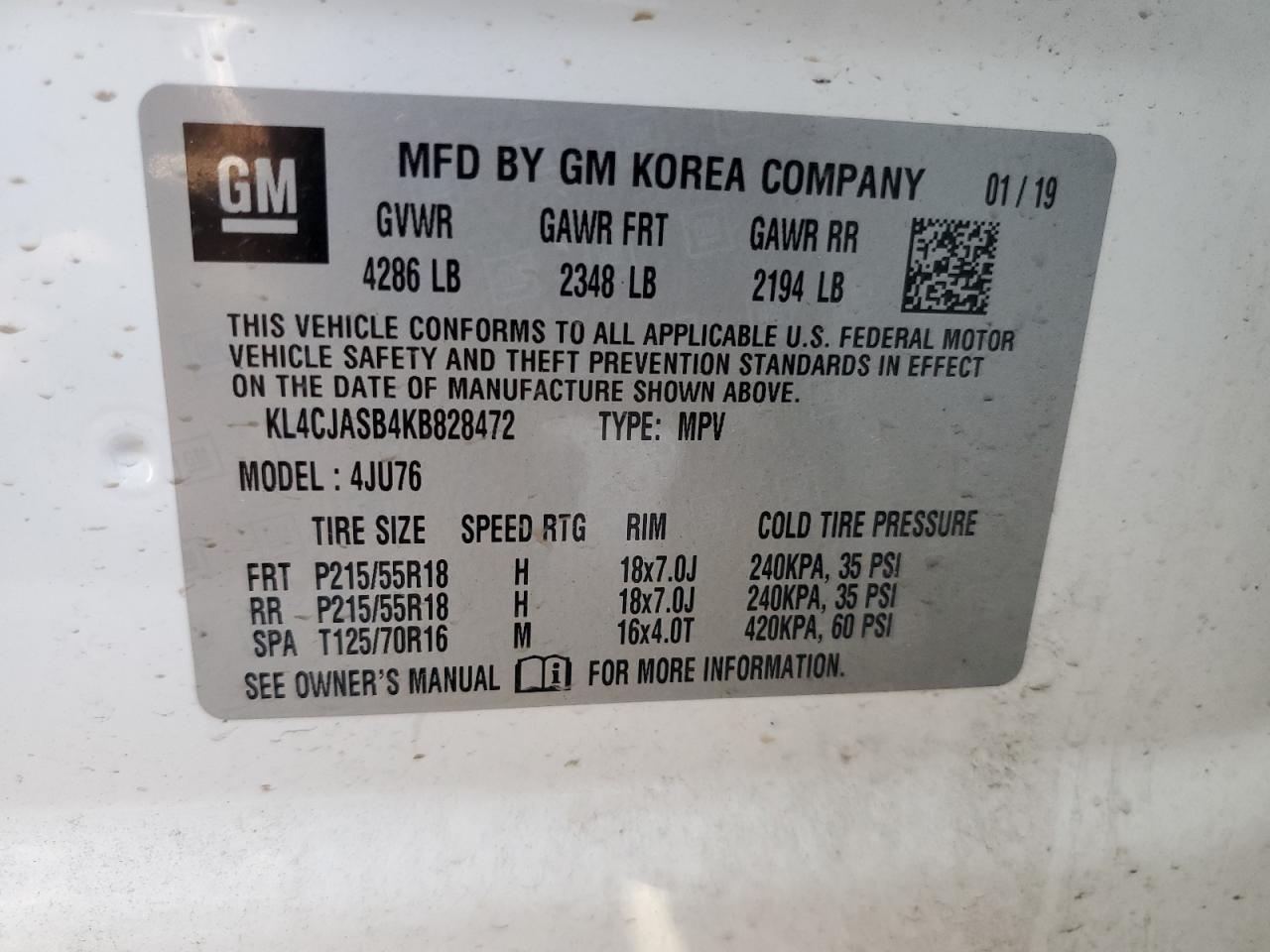 2019 Buick Encore Preferred VIN: KL4CJASB4KB828472 Lot: 67680765