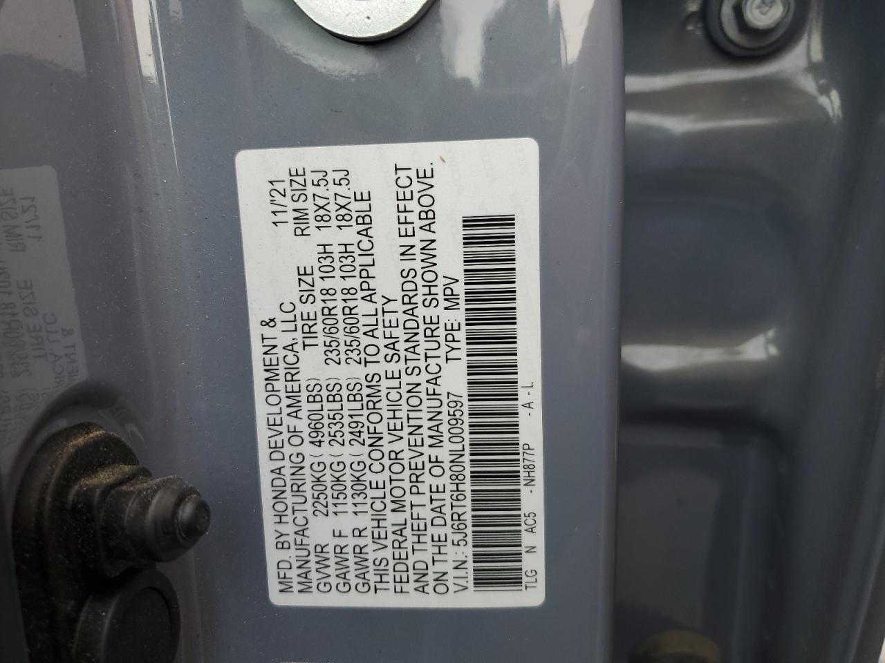 2022 Honda Cr-V Exl VIN: 5J6RT6H80NL009597 Lot: 69986425