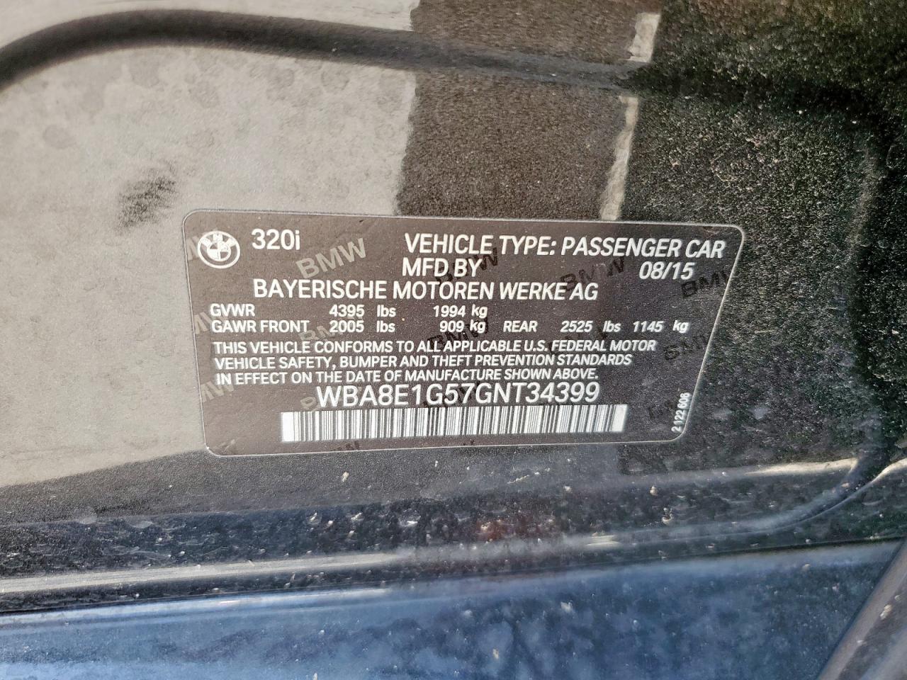 2016 BMW 320 I VIN: WBA8E1G57GNT34399 Lot: 70945075