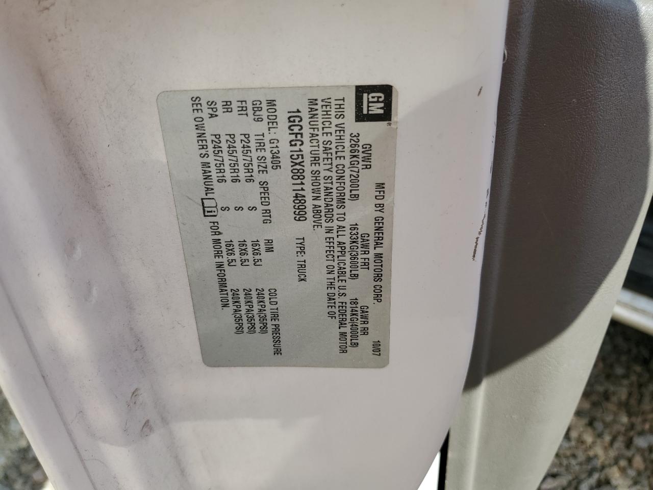 2008 Chevrolet Express G1500 VIN: 1GCFG15X881148999 Lot: 70021185