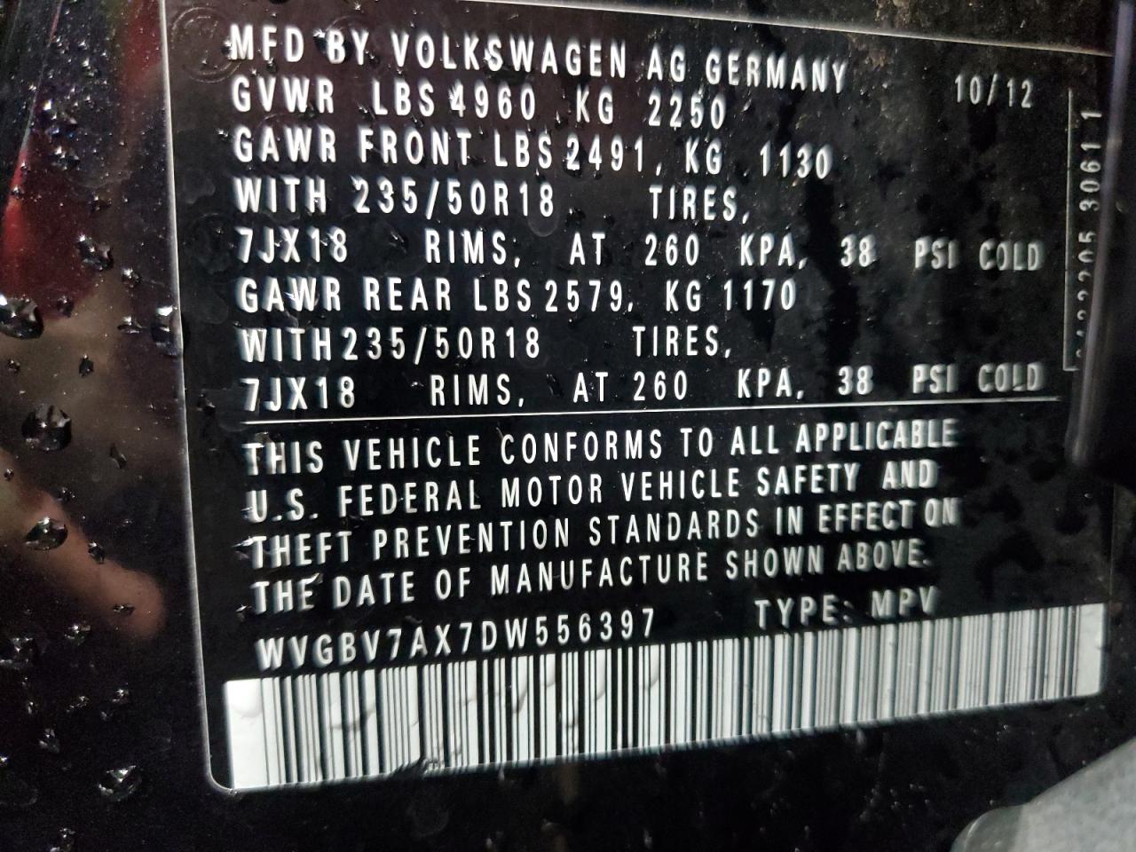 2013 Volkswagen Tiguan S VIN: WVGBV7AX7DW556397 Lot: 69107895