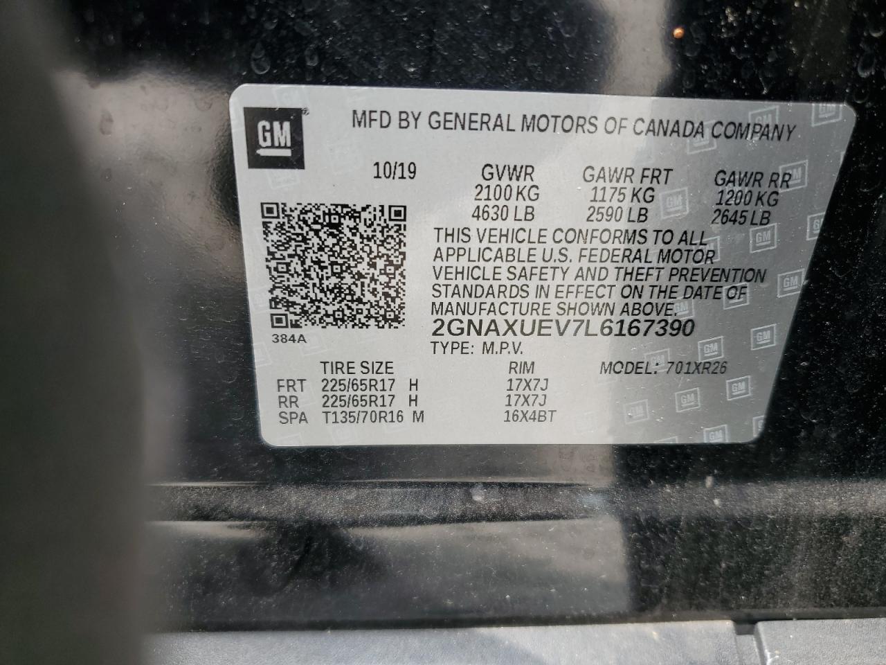 2020 Chevrolet Equinox Lt VIN: 2GNAXUEV7L6167390 Lot: 68817615