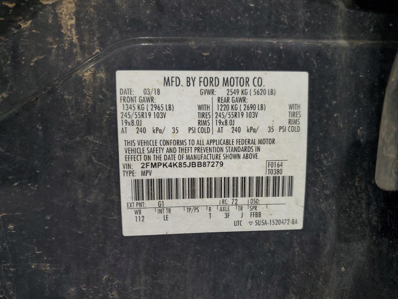 2018 Ford Edge Titanium VIN: 2FMPK4K85JBB87279 Lot: 68009845