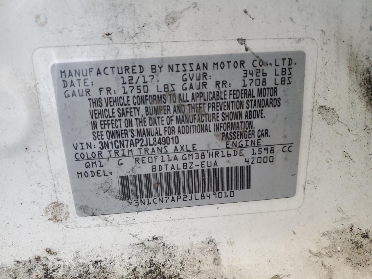 2018 Nissan Versa S VIN: 3N1CN7AP2JL849010 Lot: 69968295