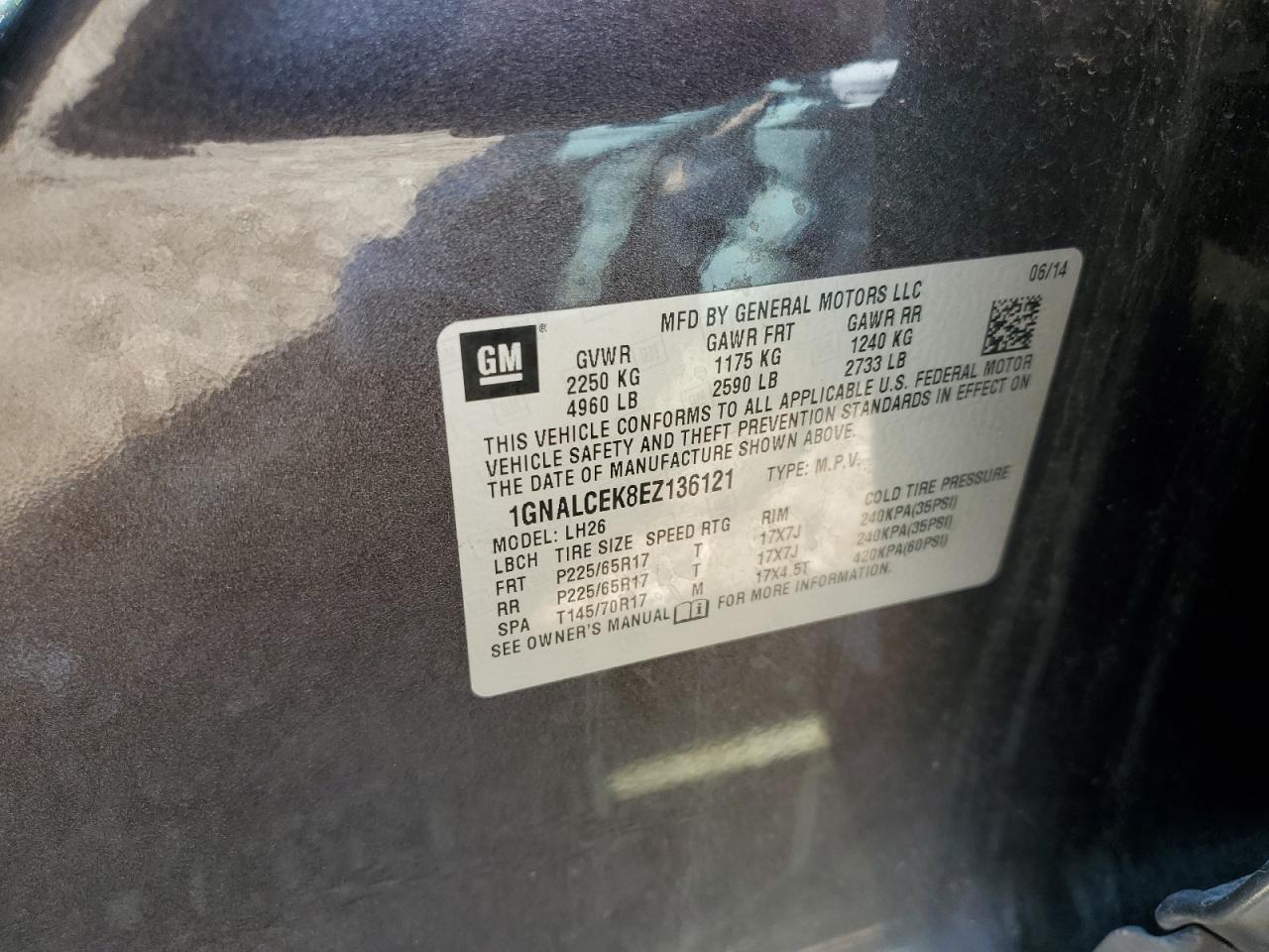 2014 Chevrolet Equinox Lt VIN: 1GNALCEK8EZ136121 Lot: 67866545