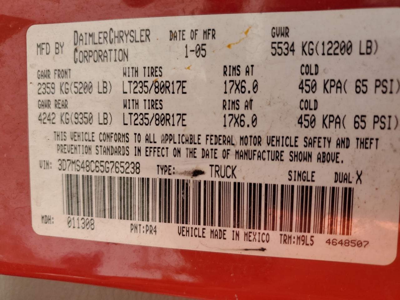 2005 Dodge Ram 3500 St VIN: 3D7MS48C65G765238 Lot: 70204975