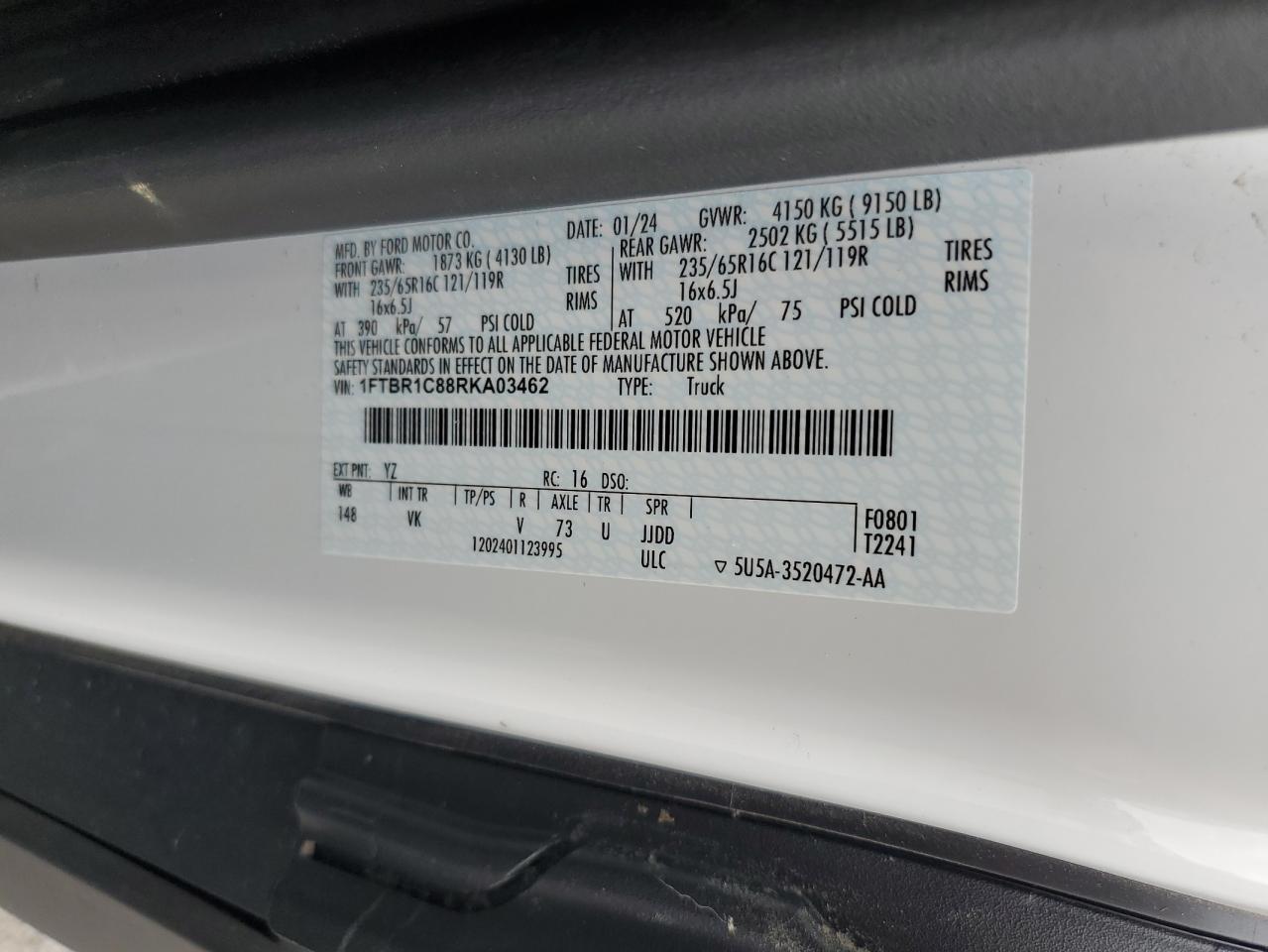 2024 Ford Transit T-250 VIN: 1FTBR1C88RKA03462 Lot: 68727455