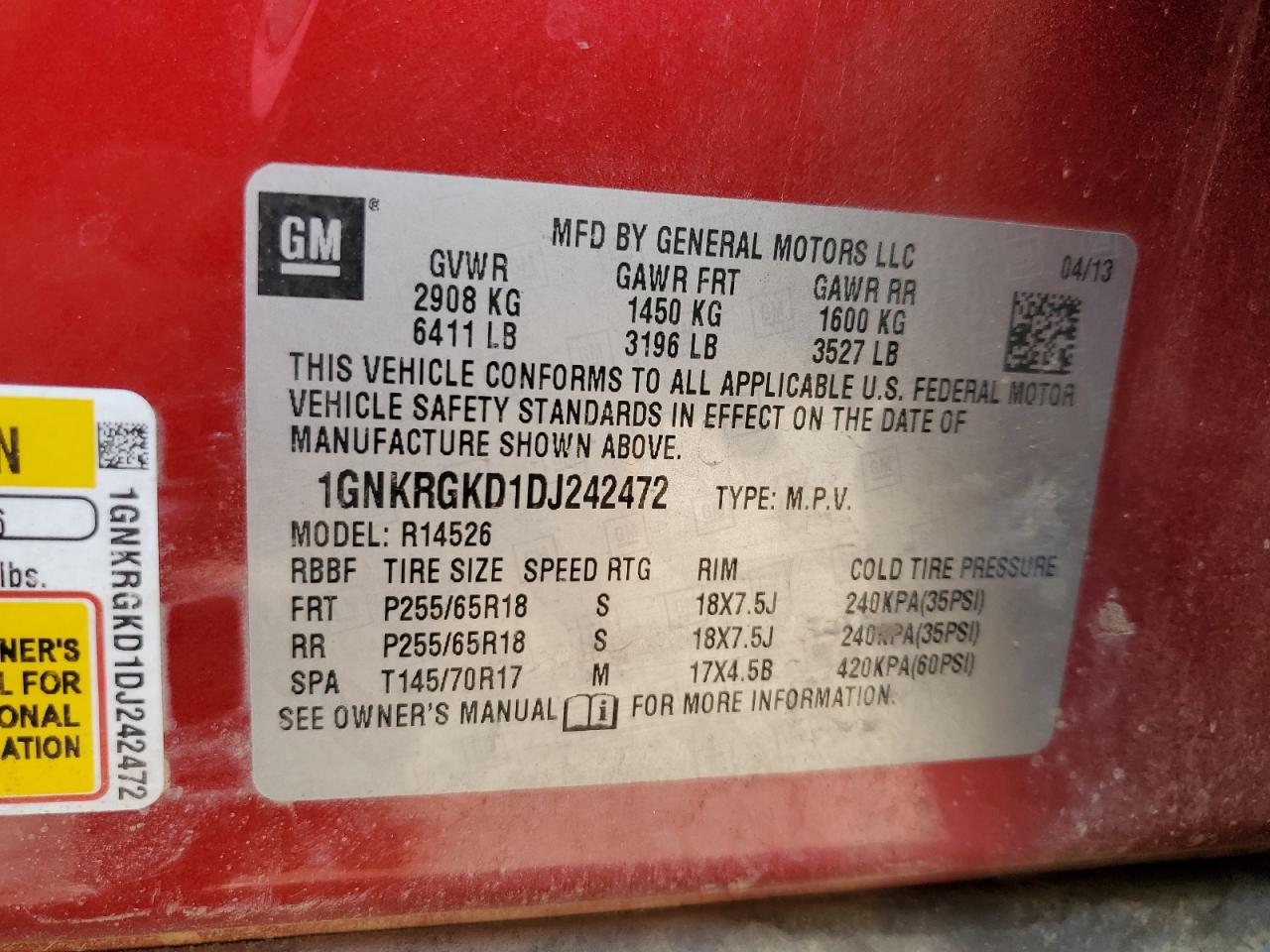 2013 Chevrolet Traverse Lt VIN: 1GNKRGKD1DJ242472 Lot: 68305235