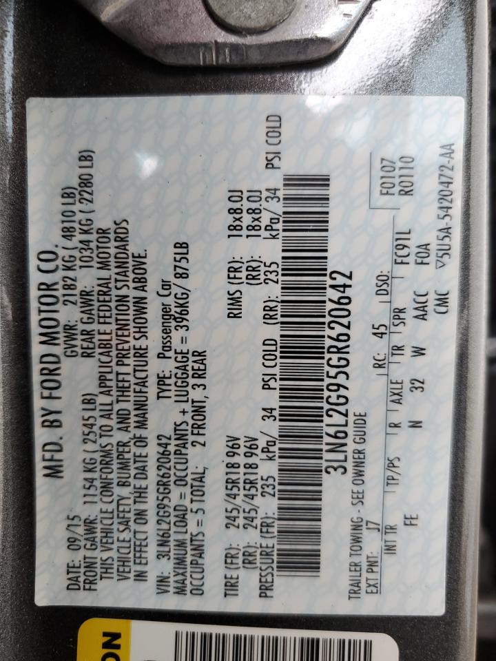 2016 Lincoln Mkz VIN: 3LN6L2G95GR620642 Lot: 68144325