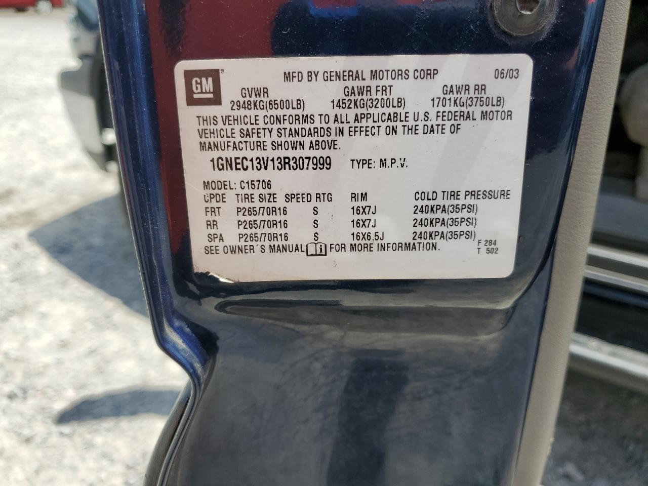 2003 Chevrolet Tahoe C1500 VIN: 1GNEC13V13R307999 Lot: 68876715