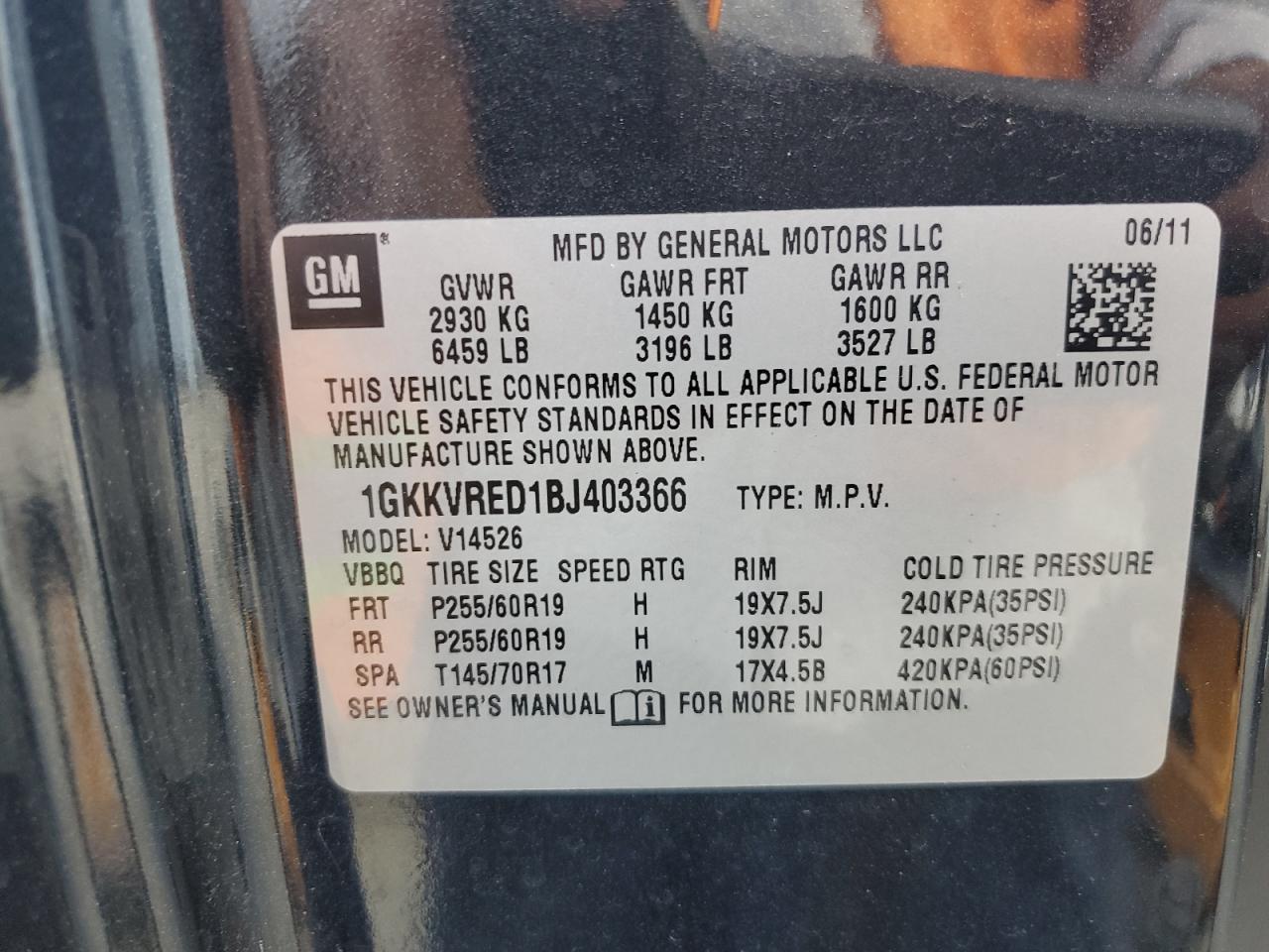 2011 GMC Acadia Slt-1 VIN: 1GKKVRED1BJ403366 Lot: 70201775