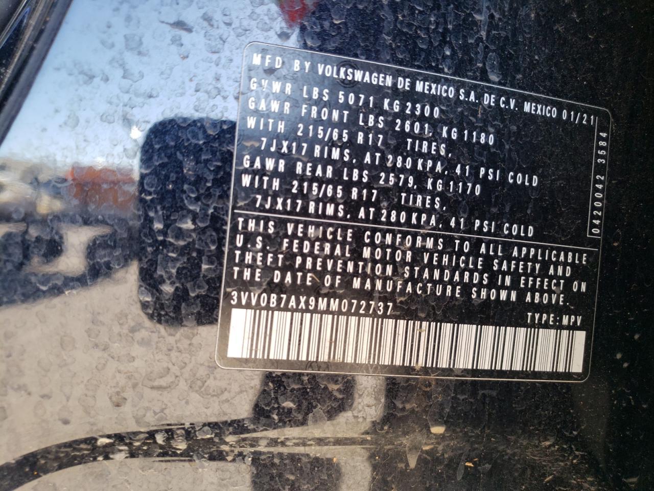 2021 Volkswagen Tiguan S VIN: 3VV0B7AX9MM072737 Lot: 68480375