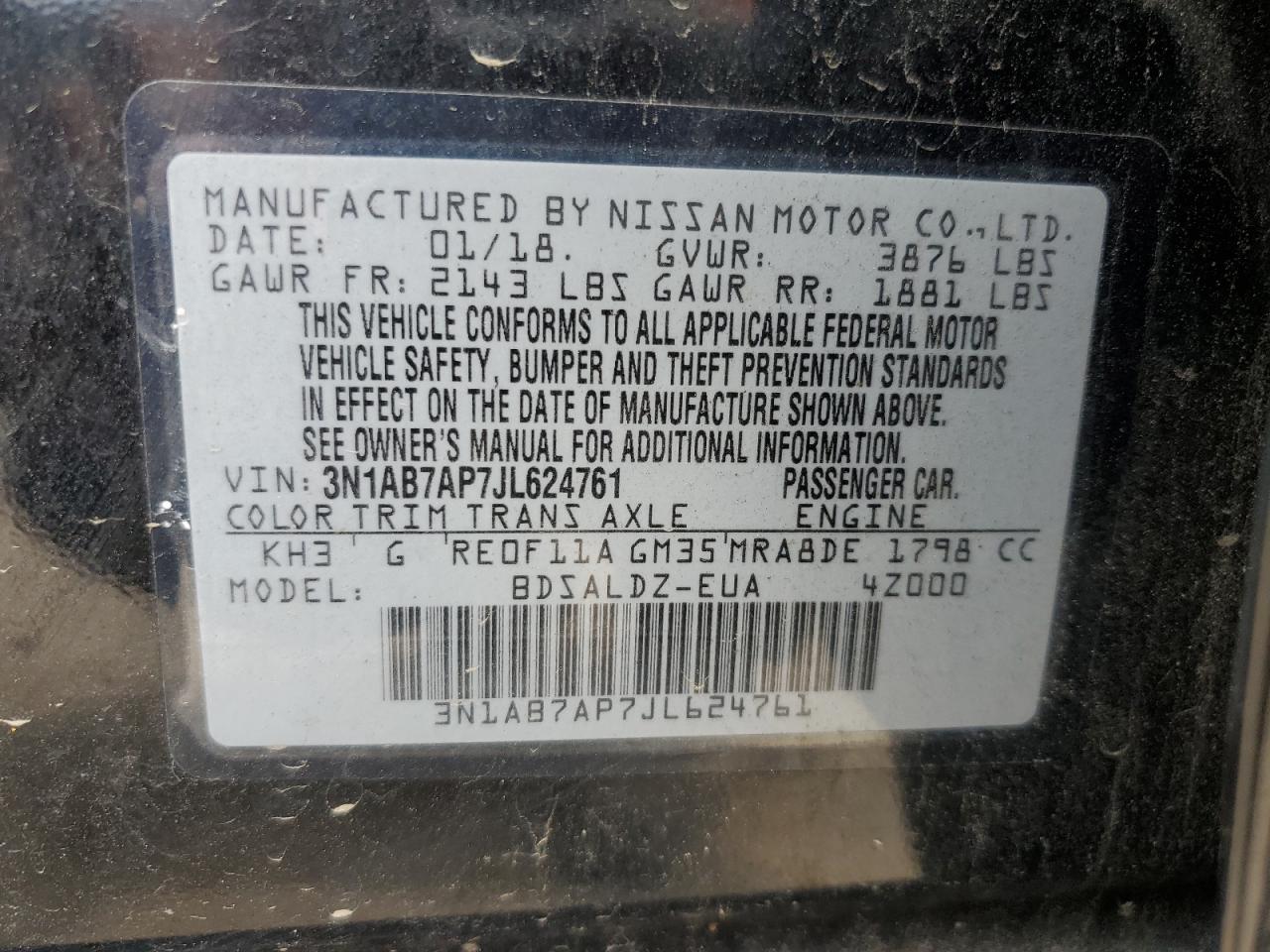 2018 Nissan Sentra S VIN: 3N1AB7AP7JL624761 Lot: 69291265