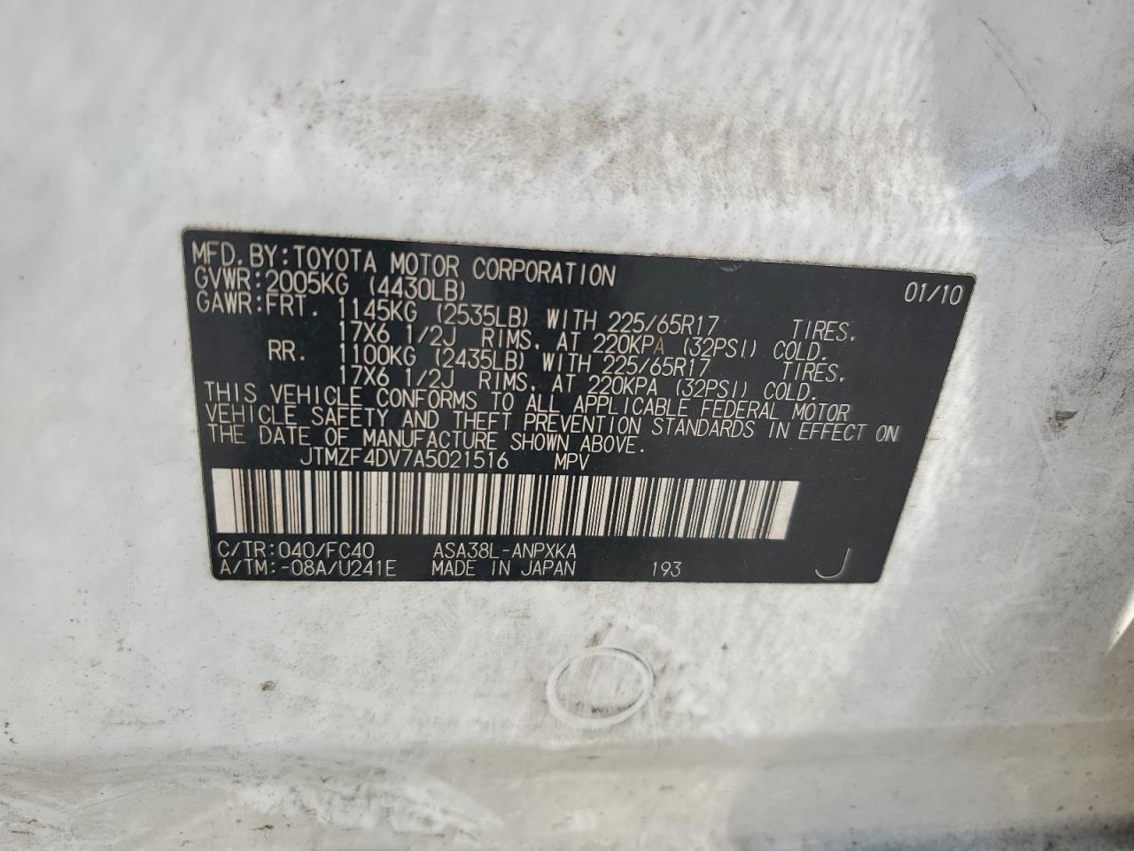 2010 Toyota Rav4 VIN: JTMZF4DV7A5021516 Lot: 67769855