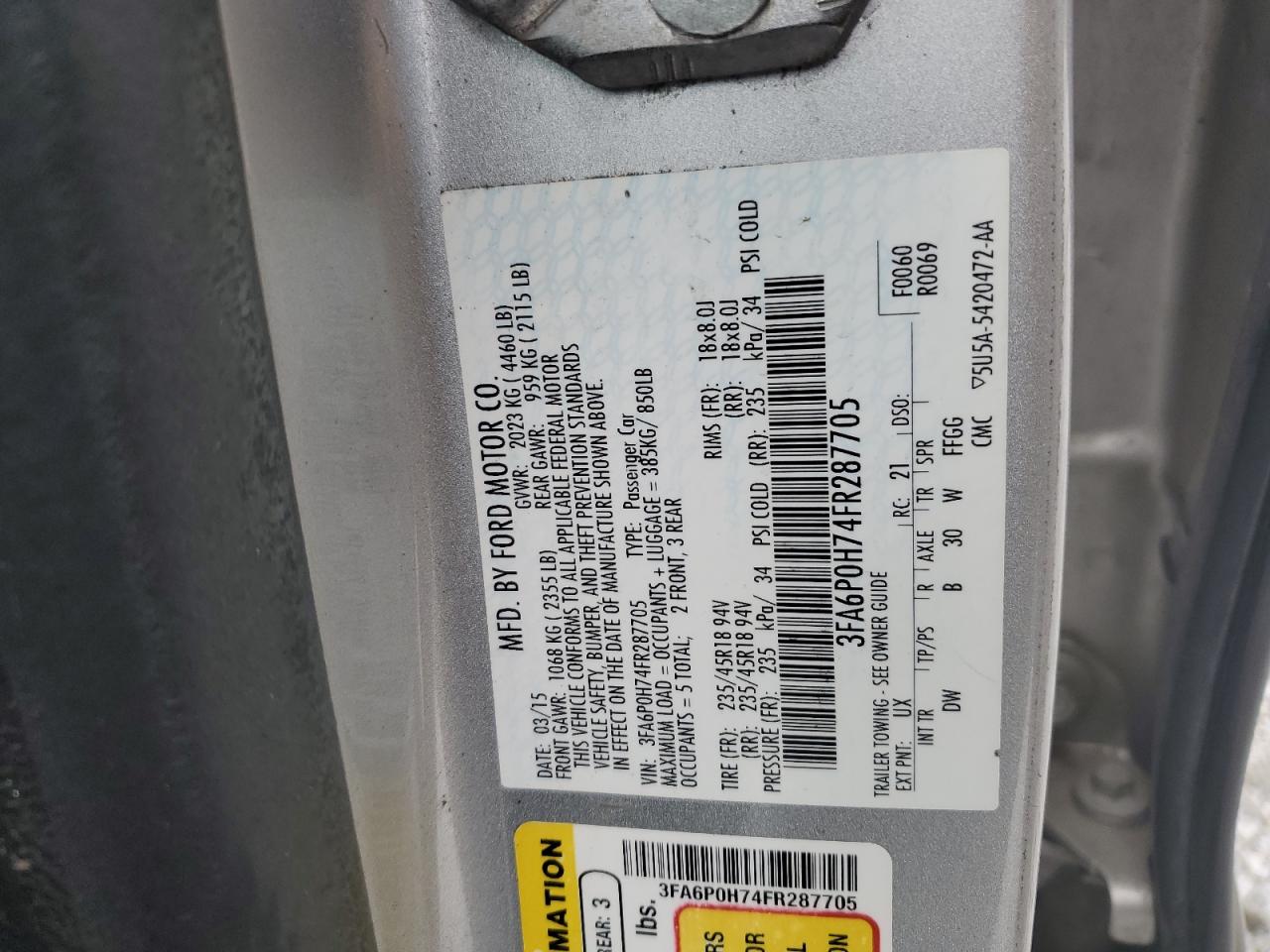 2015 Ford Fusion Se VIN: 3FA6P0H74FR287705 Lot: 69960275