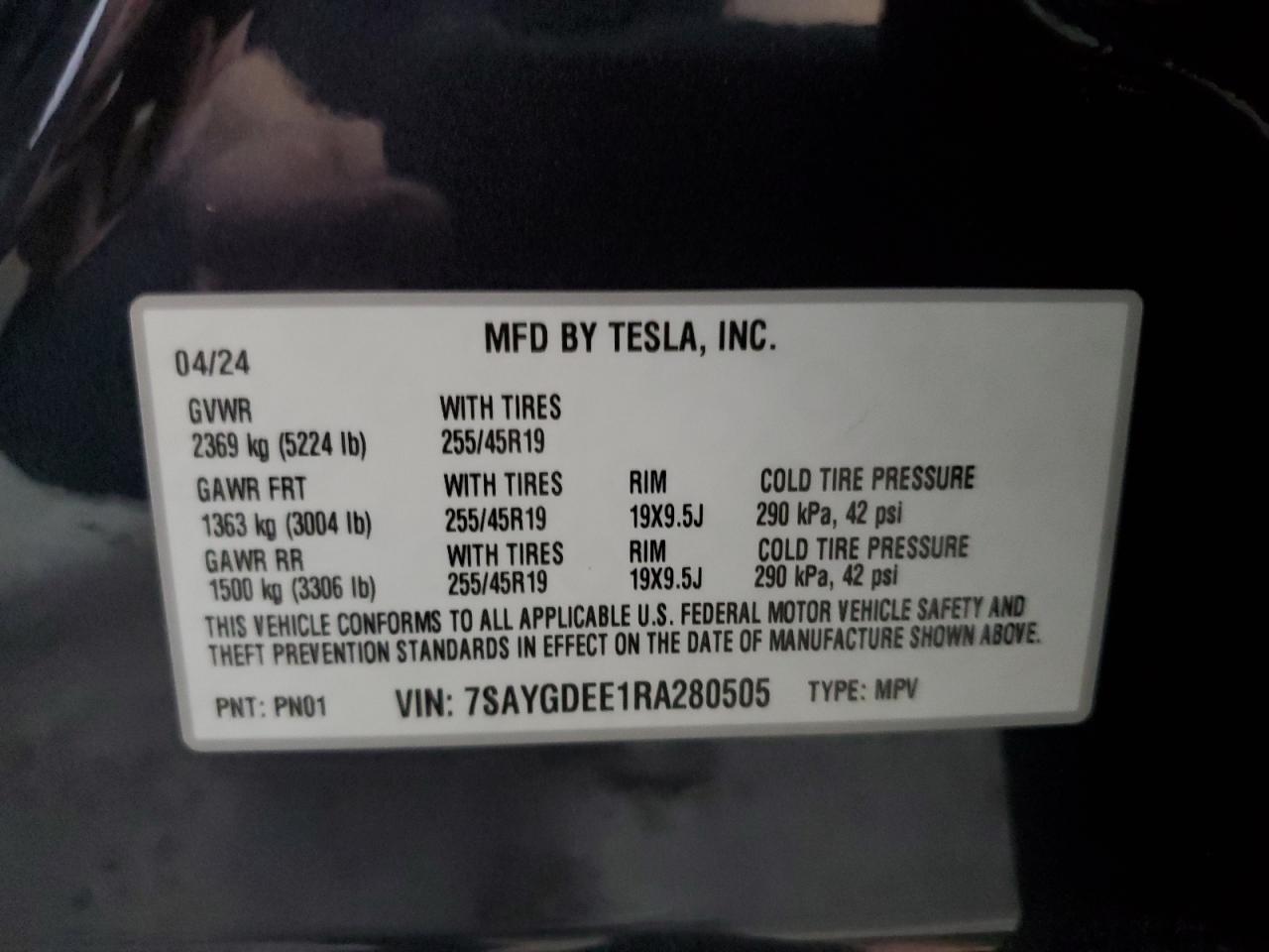 2024 Tesla Model Y VIN: 7SAYGDEE1RA280505 Lot: 69792125