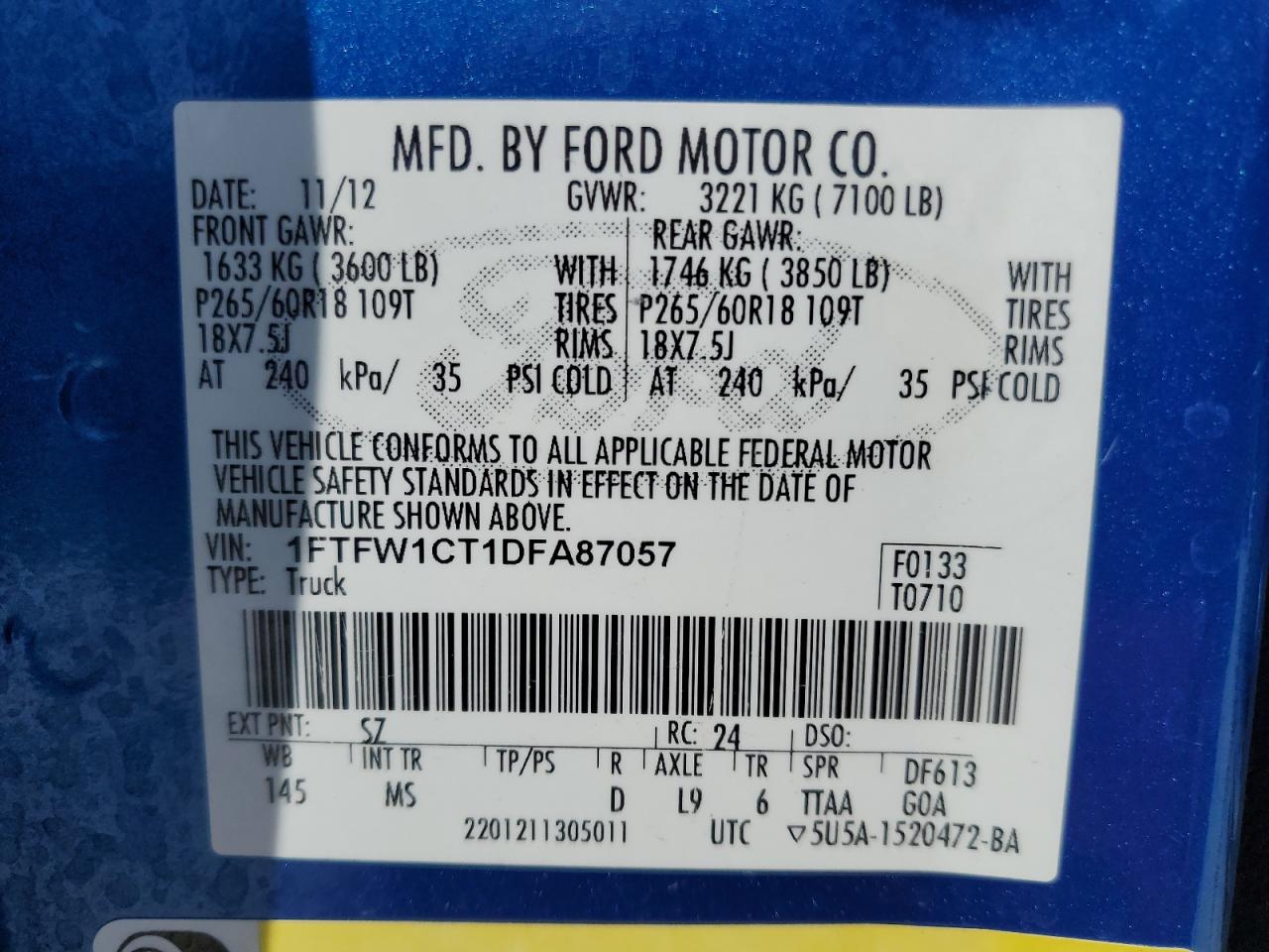 2013 Ford F150 Supercrew VIN: 1FTFW1CT1DFA87057 Lot: 67962955