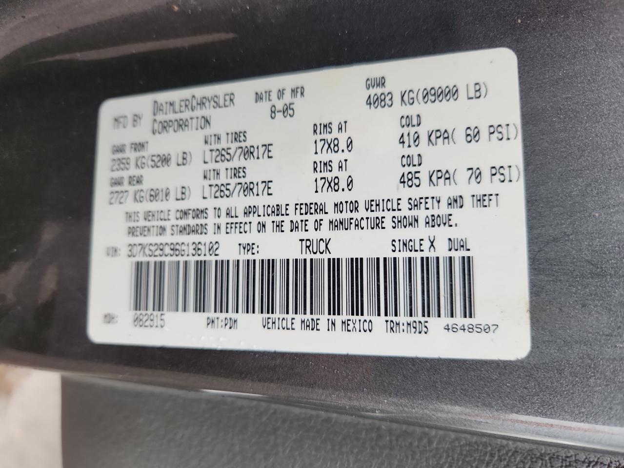 2006 Dodge Ram 2500 VIN: 3D7KS29C96G136102 Lot: 70847475