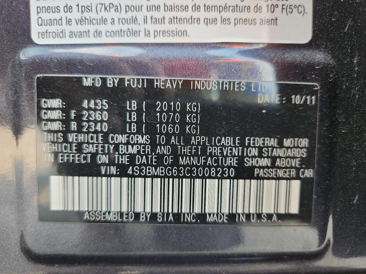 2012 Subaru Legacy 2.5I Premium VIN: 4S3BMBG63C3008230 Lot: 69685125