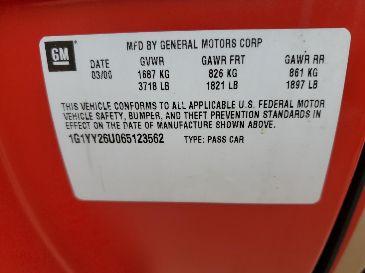 2006 Chevrolet Corvette VIN: 1G1YY26U065123562 Lot: 68026535