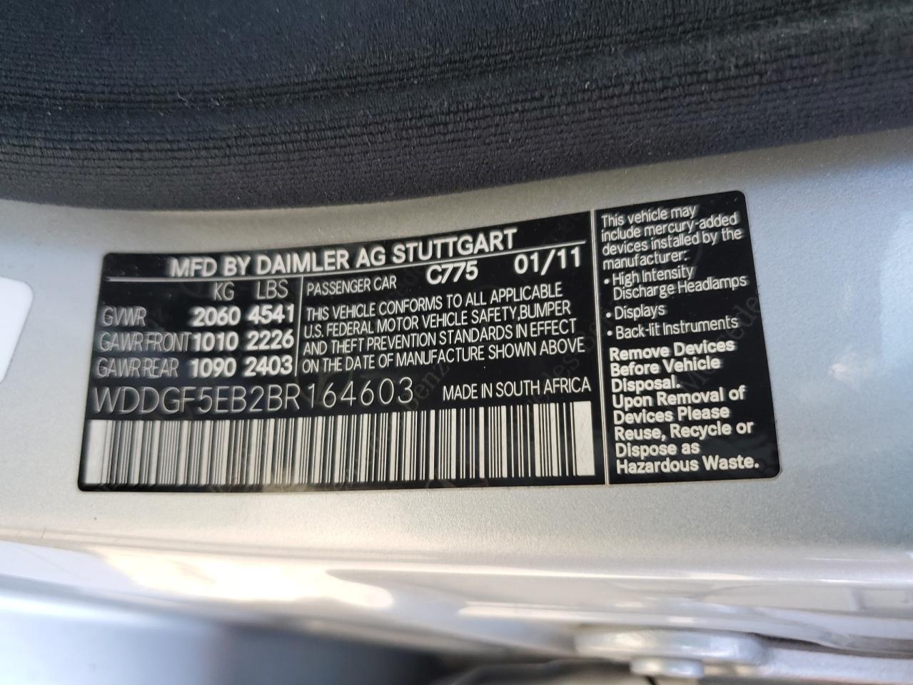 2011 Mercedes-Benz C 300 VIN: WDDGF5EB2BR164603 Lot: 70531585