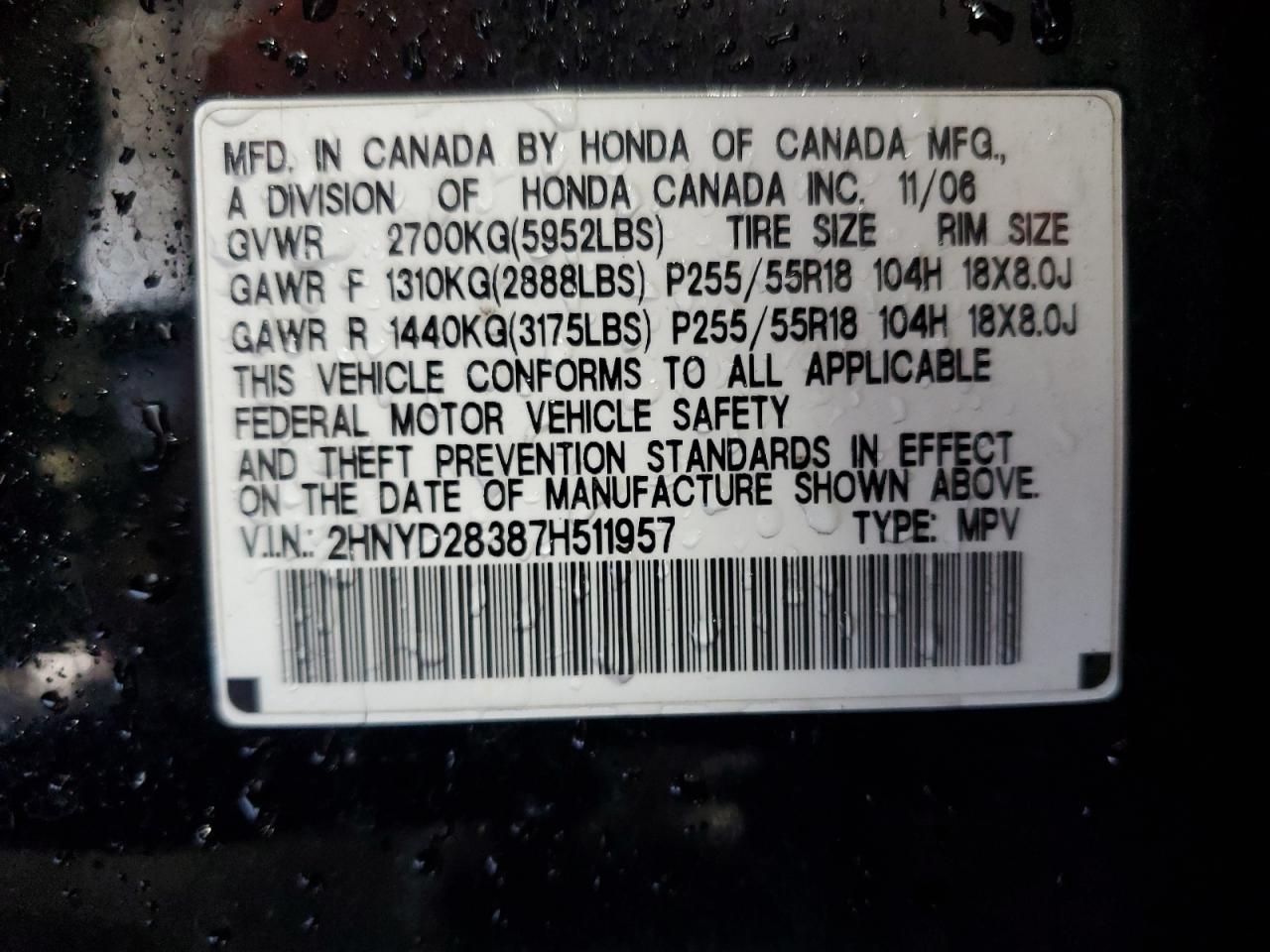 2007 Acura Mdx Technology VIN: 2HNYD28387H511957 Lot: 69268715