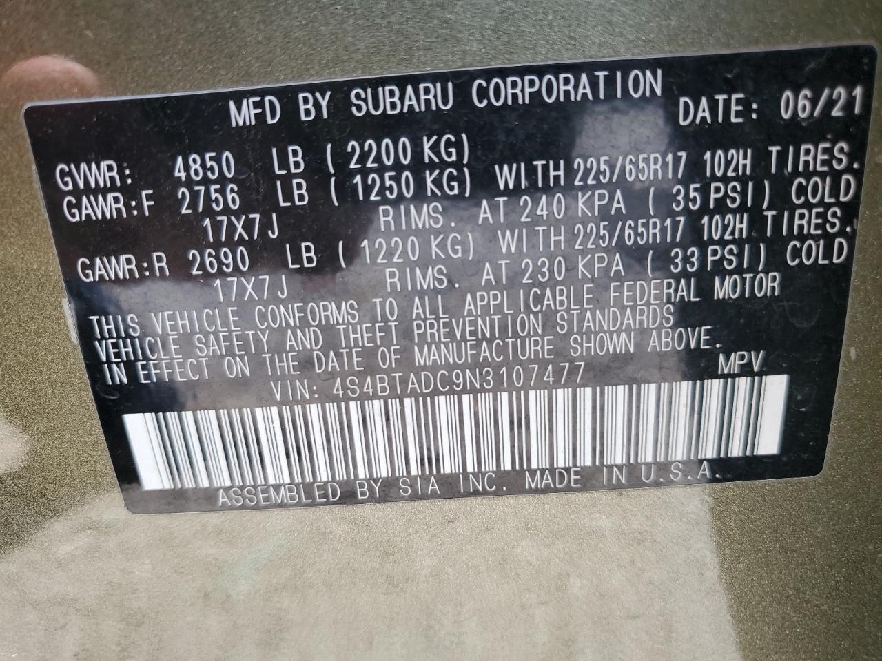 2022 Subaru Outback Premium VIN: 4S4BTADC9N3107477 Lot: 67722245