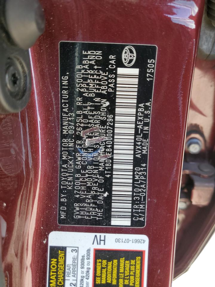 2013 Toyota Avalon Hybrid VIN: 4T1BD1EB4DU007296 Lot: 67436855