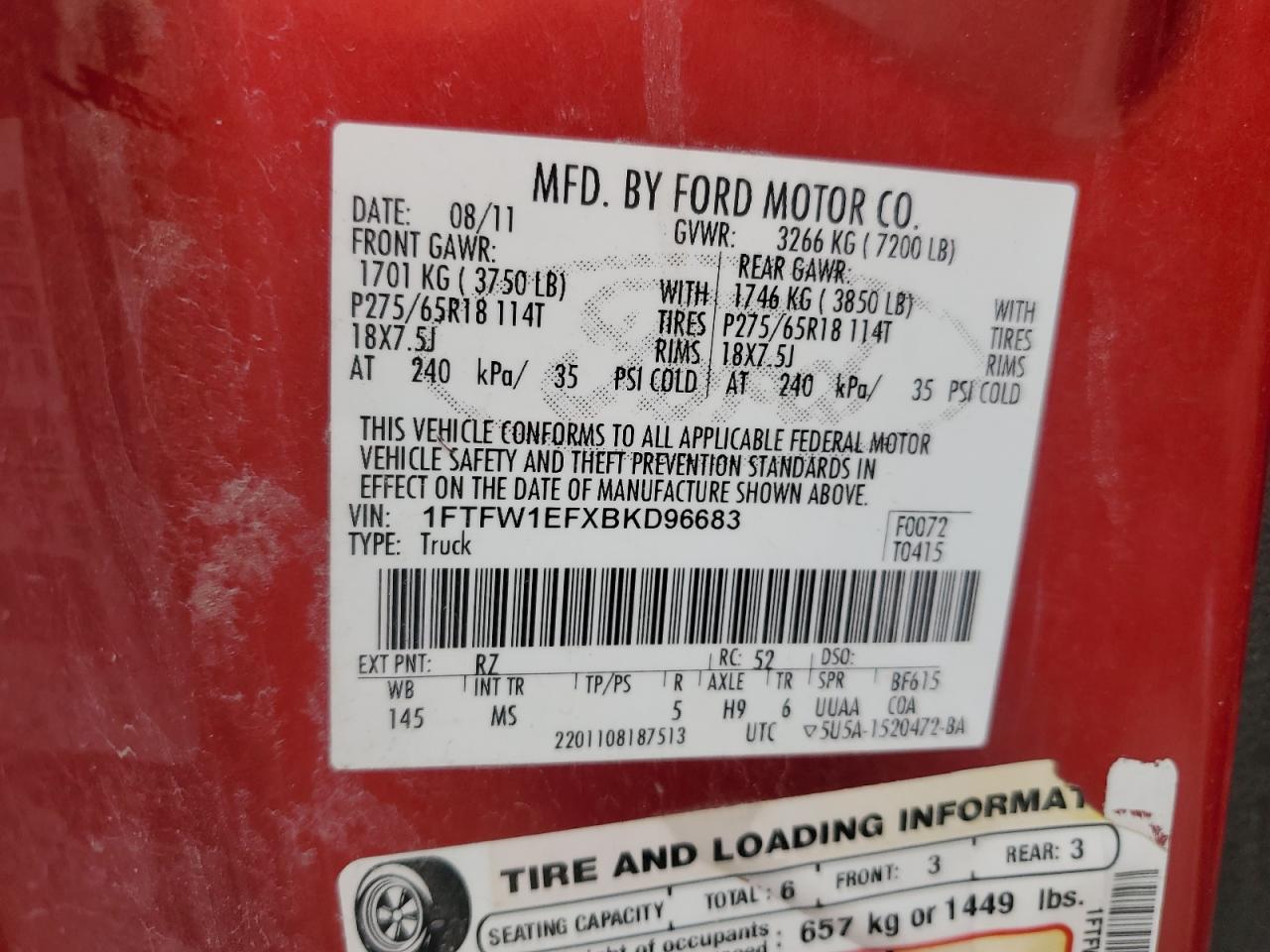 2011 Ford F150 Supercrew VIN: 1FTFW1EFXBKD96683 Lot: 70766475