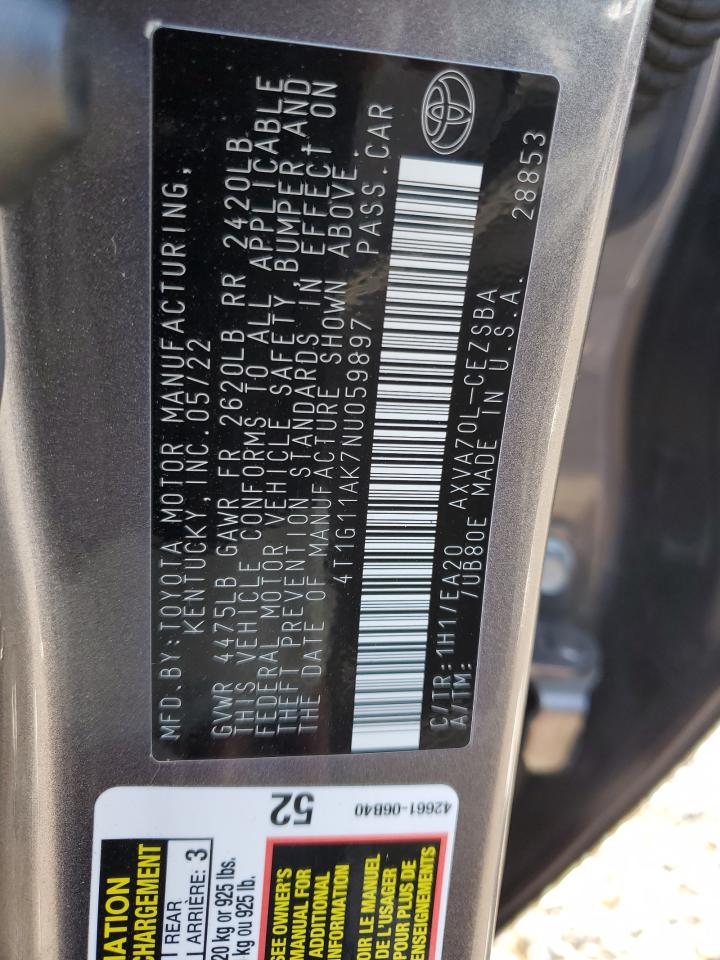 2022 Toyota Camry Se VIN: 4T1G11AK7NU059897 Lot: 69868475