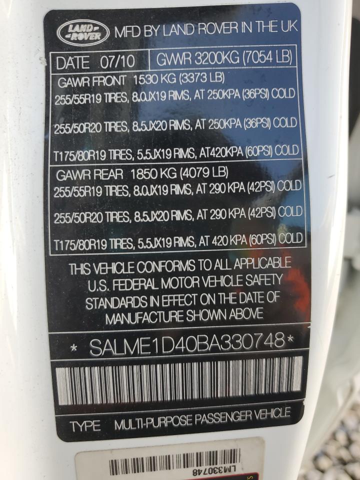 2011 Land Rover Range Rover Hse VIN: SALME1D40BA330748 Lot: 70861435