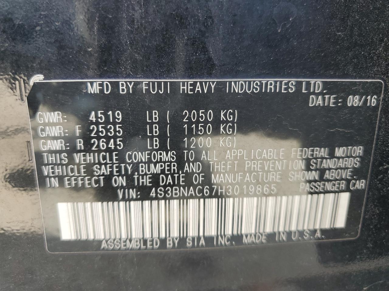 2017 Subaru Legacy 2.5I Premium VIN: 4S3BNAC67H3019865 Lot: 67362695