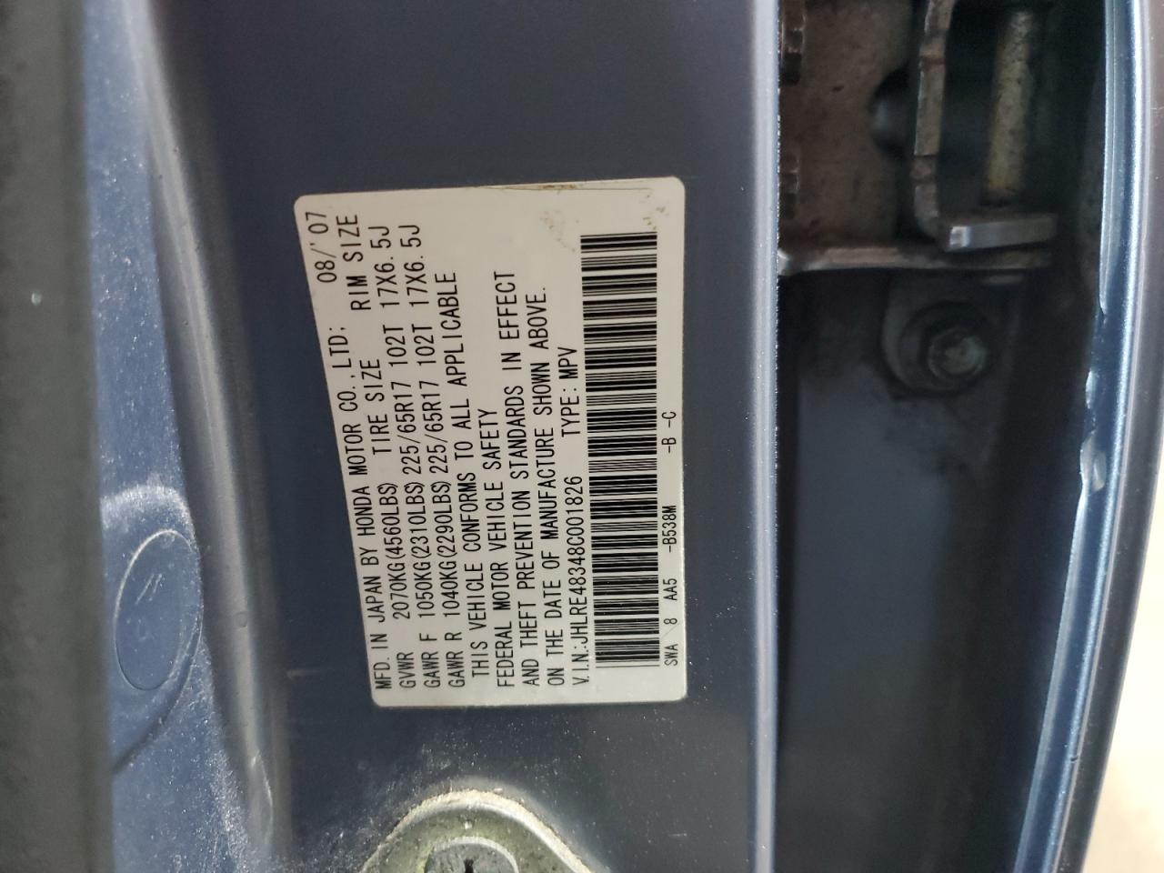 2008 Honda Cr-V Lx VIN: JHLRE48348C001826 Lot: 68489765