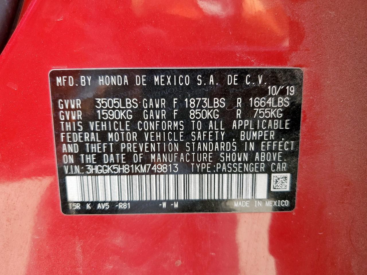 2019 Honda Fit Ex VIN: 3HGGK5H81KM749813 Lot: 67396005