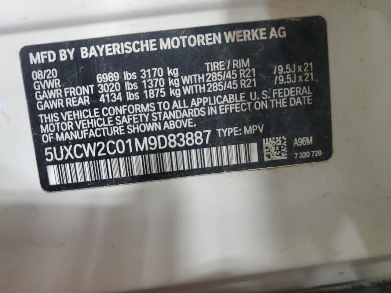 2021 BMW X7 xDrive40I VIN: 5UXCW2C01M9D83887 Lot: 70344625