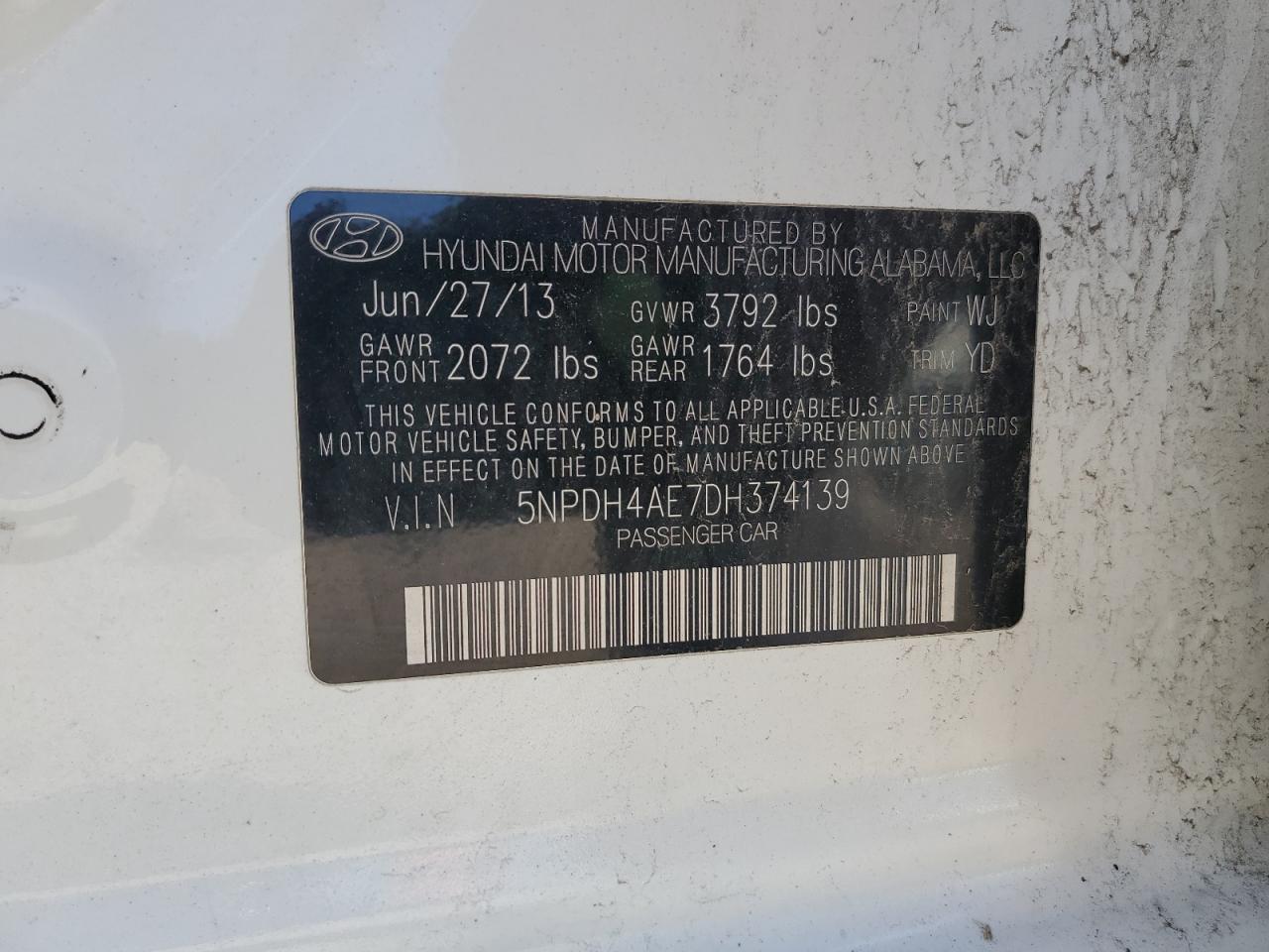 2013 Hyundai Elantra Gls VIN: 5NPDH4AE7DH374139 Lot: 67745195