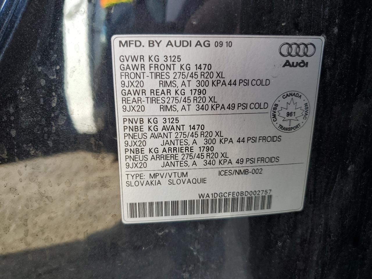 2011 Audi Q7 Prestige VIN: WA1DGCFE0BD002757 Lot: 68010735