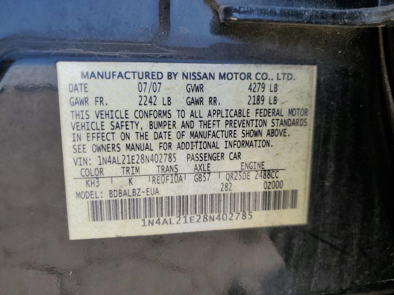2008 Nissan Altima 2.5 VIN: 1N4AL21E28N402785 Lot: 70540585