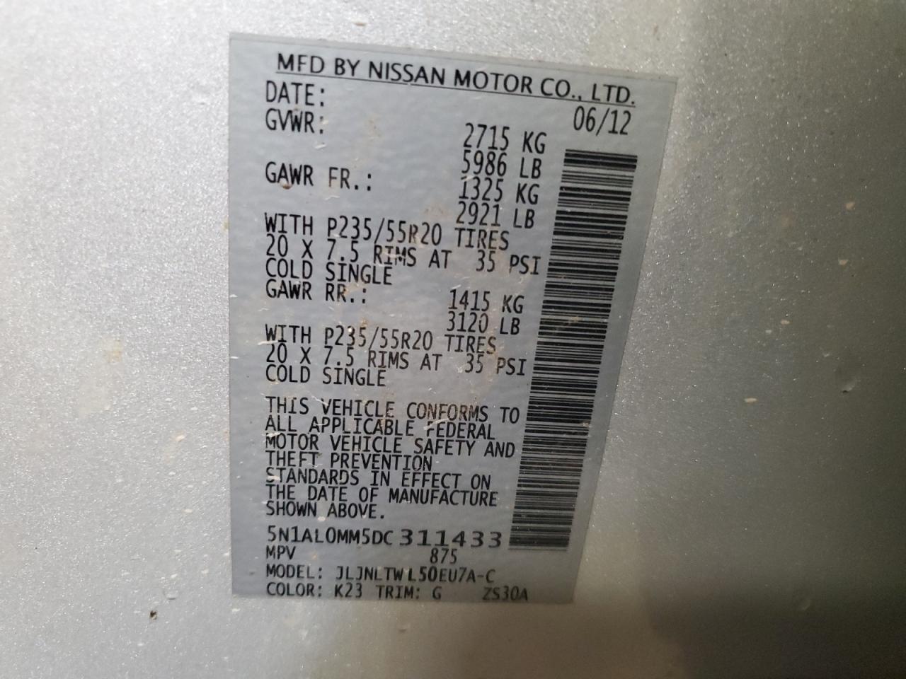 2013 Infiniti Jx35 VIN: 5N1AL0MM5DC311433 Lot: 67820615