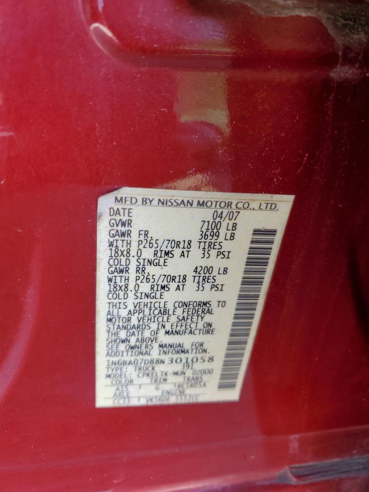 2008 Nissan Titan Xe VIN: 1N6BA07D88N301058 Lot: 64824305